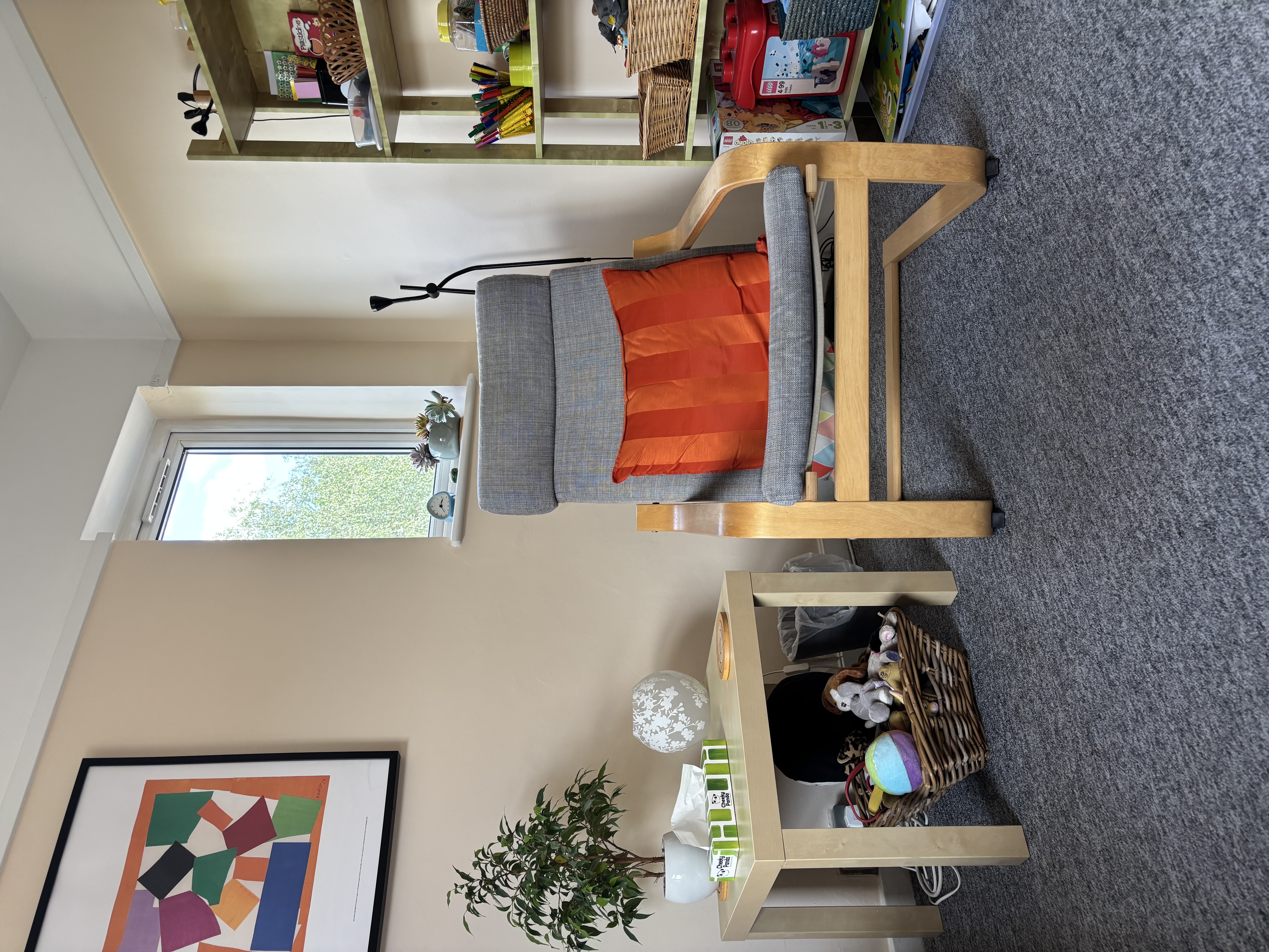 Shows how comfortable Liz Chalmers room is for counselling sessions. Plenty or art materials for being creative